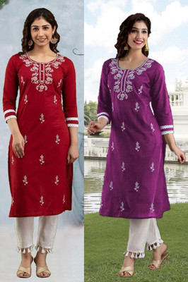vikshi Women Chikan Embroidery A-line Kurta(Multicolor)