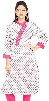 Hrinkar Women Printed Straight Kurta(White, Pink)