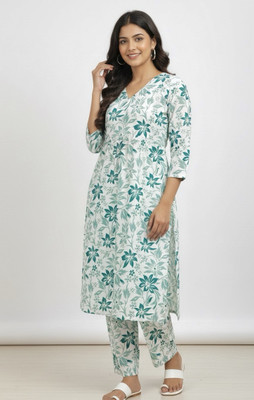 RICF ROYALS INDIA FASHION COLLECTION Women Printed, Floral Print, Solid A-line Kurta(White, Green)