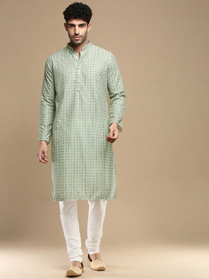 ANOUK Men Floral Print Straight Kurta(Green)