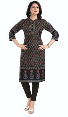 Divastri Women Printed Straight Kurta(Black)