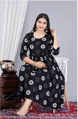 gobya Women Floral Print Anarkali Kurta(Black)