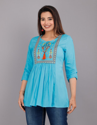 Wasma Fashion Women Embroidered Flared Kurta(Blue)