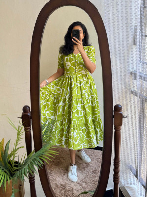 GonerDham Women A-line Green Midi/Calf Length Dress