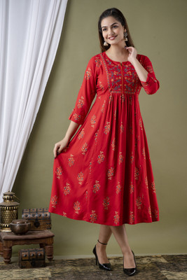 DIPANI Women Printed, Embroidered Anarkali Kurta(Red)