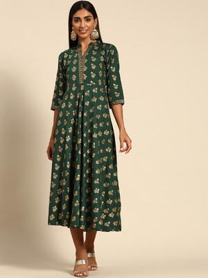 Libas  - GERUA Women Floral Print Flared Kurta(Green)