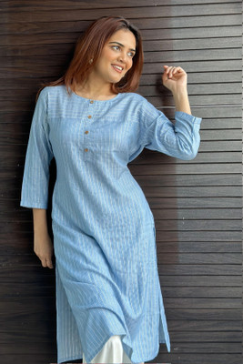 Divastri Women Striped Straight Kurta(Blue)