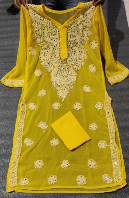 Banaras silk palace Women Chikan Embroidery Straight Kurta(Yellow)