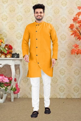 Mysia Men Solid Asymmetric Kurta(Yellow)