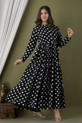 FashioJyoti Women Polka Print Anarkali Kurta(Black)