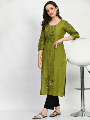 Alexa India Women Block Print A-line Kurta(Green)