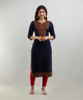 GOMOSWA INTERNATIONAL Women Embroidered A-line Kurta(Dark Blue)