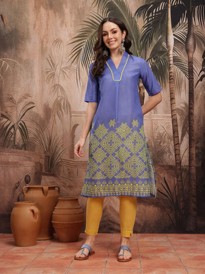 Sangria Women Geometric Print A-line Kurta(Blue)