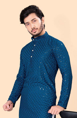 Shree Dutt Creation Men Chikan Embroidery Straight Kurta(Blue)