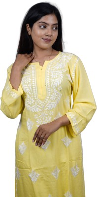 ITSSHASA Women Chikan Embroidery A-line Kurta(Yellow)