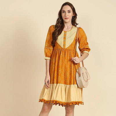 Madhuram Women Printed A-line Kurta(Yellow)