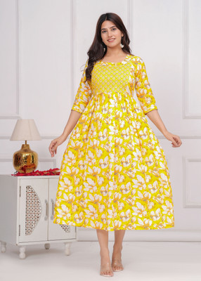 LOMRA Women Printed Flared Kurta(Yellow)