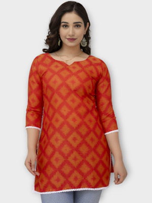 Maphaz Women Printed Straight Kurta(Red, Orange)