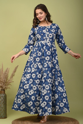 Govind Hand Printers Women Printed Gown Kurta(Blue)