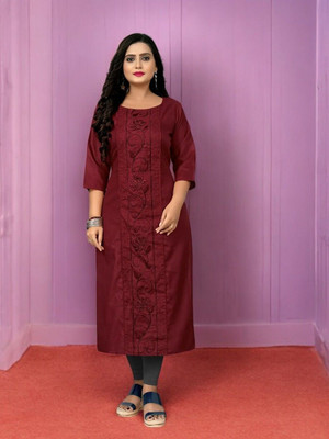 Ladylaz Women Embroidered Straight Kurta(Maroon)