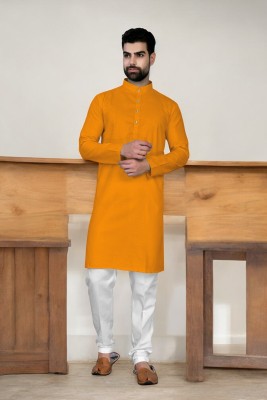 G7 FASHION Men Solid Straight Kurta(Yellow)