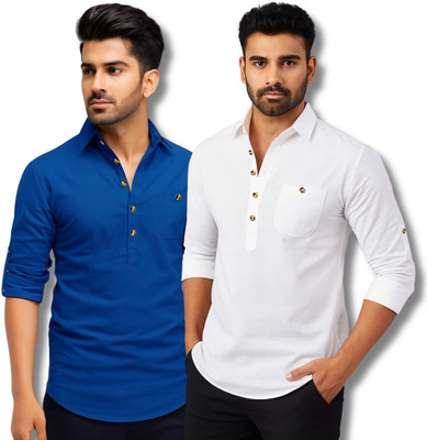 CROWNTAIL Men Solid Straight Kurta(Dark Blue, White)