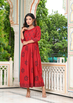 INDI INSIDE Women Block Print A-line Kurta(Maroon)