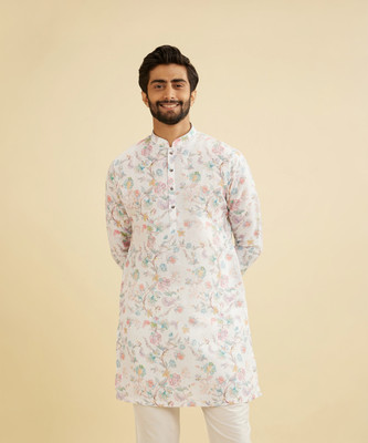 MANYAVAR Men Floral Print Straight Kurta(White)