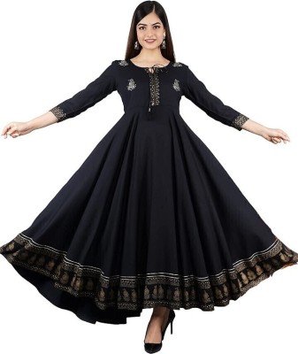 Laxmi Udhyog Women Printed Gown Kurta(Black)