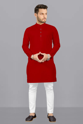 FREYA CREATION Men Solid Straight Kurta(Red)