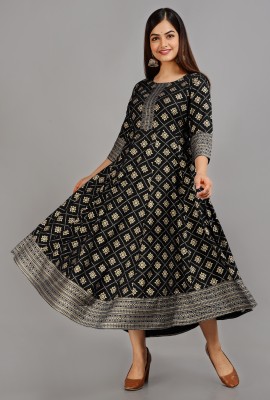 Niona Women Printed Anarkali Kurta(Black)