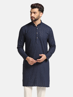 AHHAAAA Men Chikan Embroidery Straight Kurta(Blue)