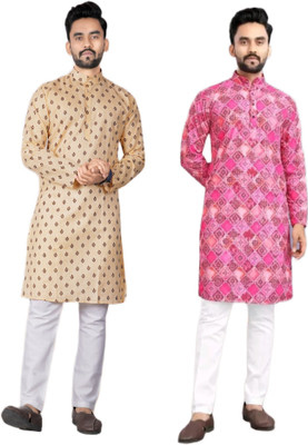DHASU TRENDZ Men Printed Straight Kurta(Pink, Beige)