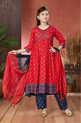 Sangria Girls Embroidered A-line Kurta(Red)
