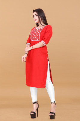KURTIFABRIC Women Embroidered Straight Kurta(Red)