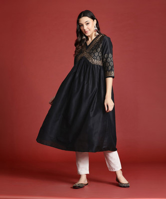 ANOUK Women Printed A-line Kurta(Black)