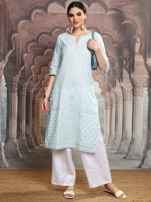 Vishudh Women Embroidered Straight Kurta(Blue)