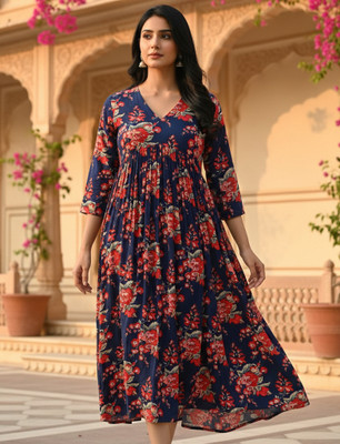 irtiqa Women Floral Print, Printed A-line Kurta(Blue)