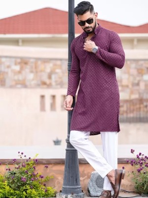 CRYTSAL REVENUE Men Embroidered Straight Kurta(Purple)