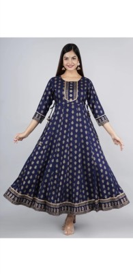 USSMA Women Floral Print, Printed Anarkali Kurta(Blue)