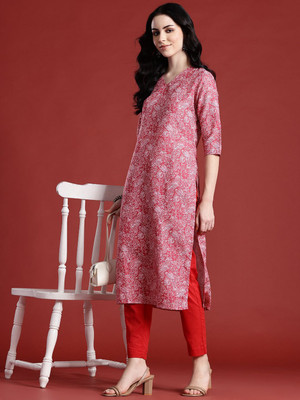 ANOUK Women Printed Straight Kurta(Pink)