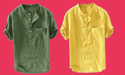 Super Westan Men Solid Straight Kurta(Yellow, Green)