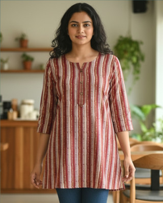 JB Vibe Collection Women Striped, Printed Straight Kurta(Brown, Maroon)
