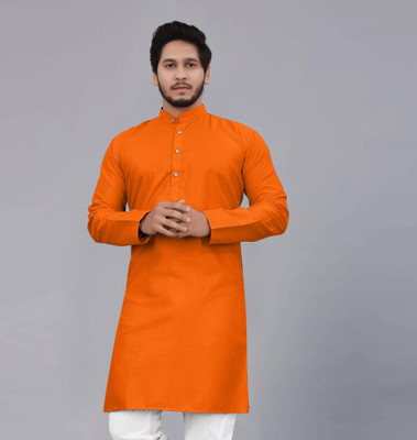 seawind Men Self Design Straight Kurta(Orange)