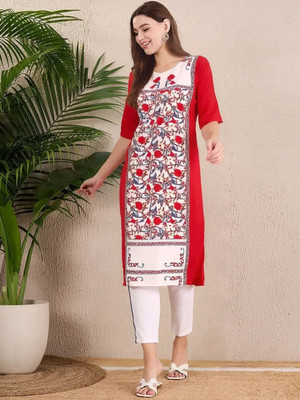EthnicBasket Women Printed A-line Kurta(Red, White)