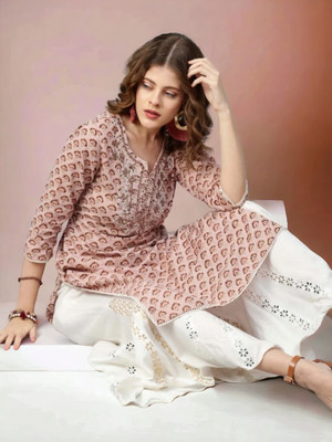 Nibhao Women Embroidered, Printed Straight Kurta(Brown)