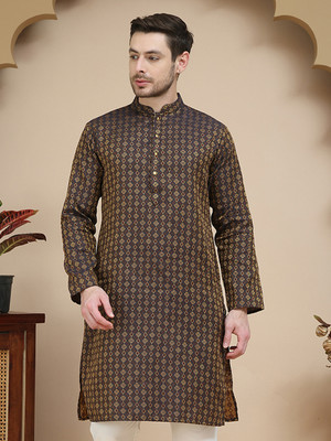 Jompers Men Woven Design Straight Kurta(Brown)