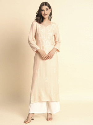 EKASYA Women Embroidered Straight Kurta(Beige)