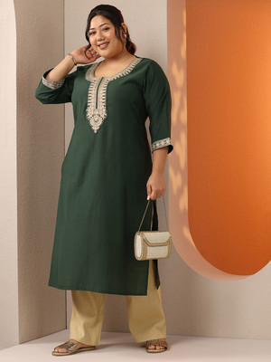 EXTRA LOVE BY LIBAS Women Embroidered Straight Kurta(Green)