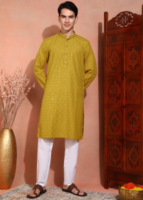 SWAGG INDIA Men Chikan Embroidery Ethnic Dress Kurta(Yellow)